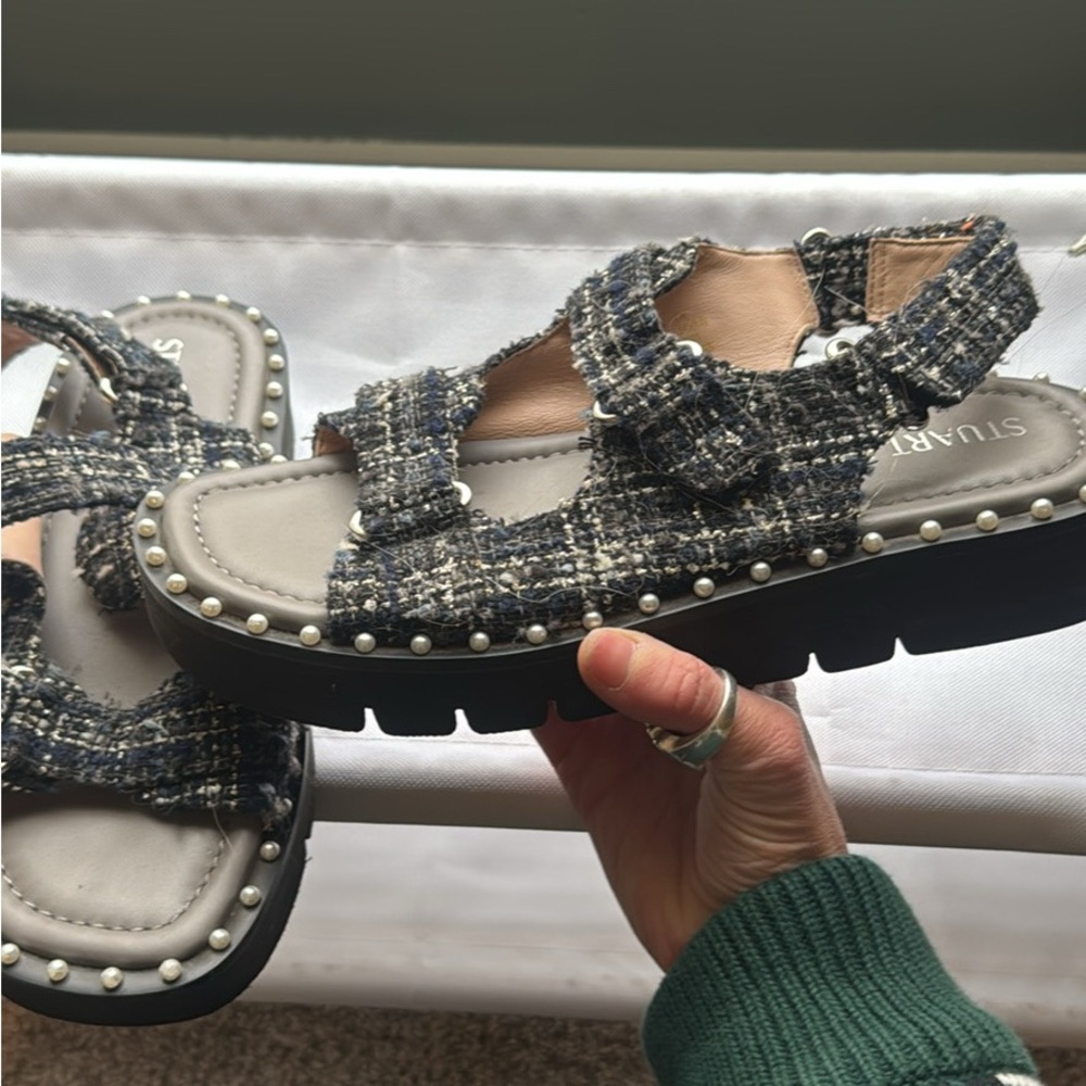 Stuart Weitzman Black and Gray Tweed Sandals with Pearl Trim